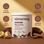 Macaccino bio nüMorning 125g avec infographie bénéfices: énergie naturelle, magnésium, sans caféine, vitalité