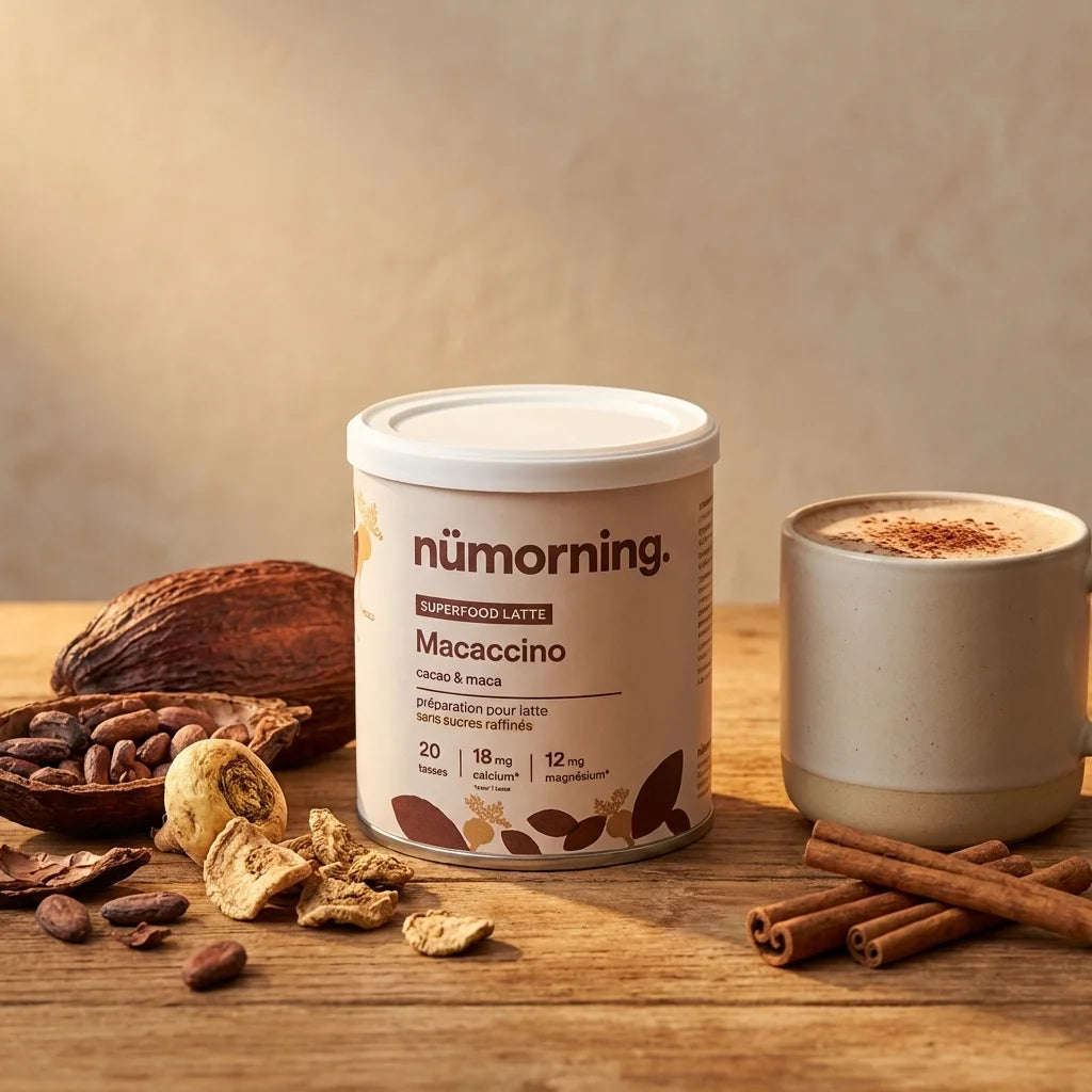 Macaccino bio nüMorning avec cacao équitable et maca, tasse de latte et ingrédients naturels