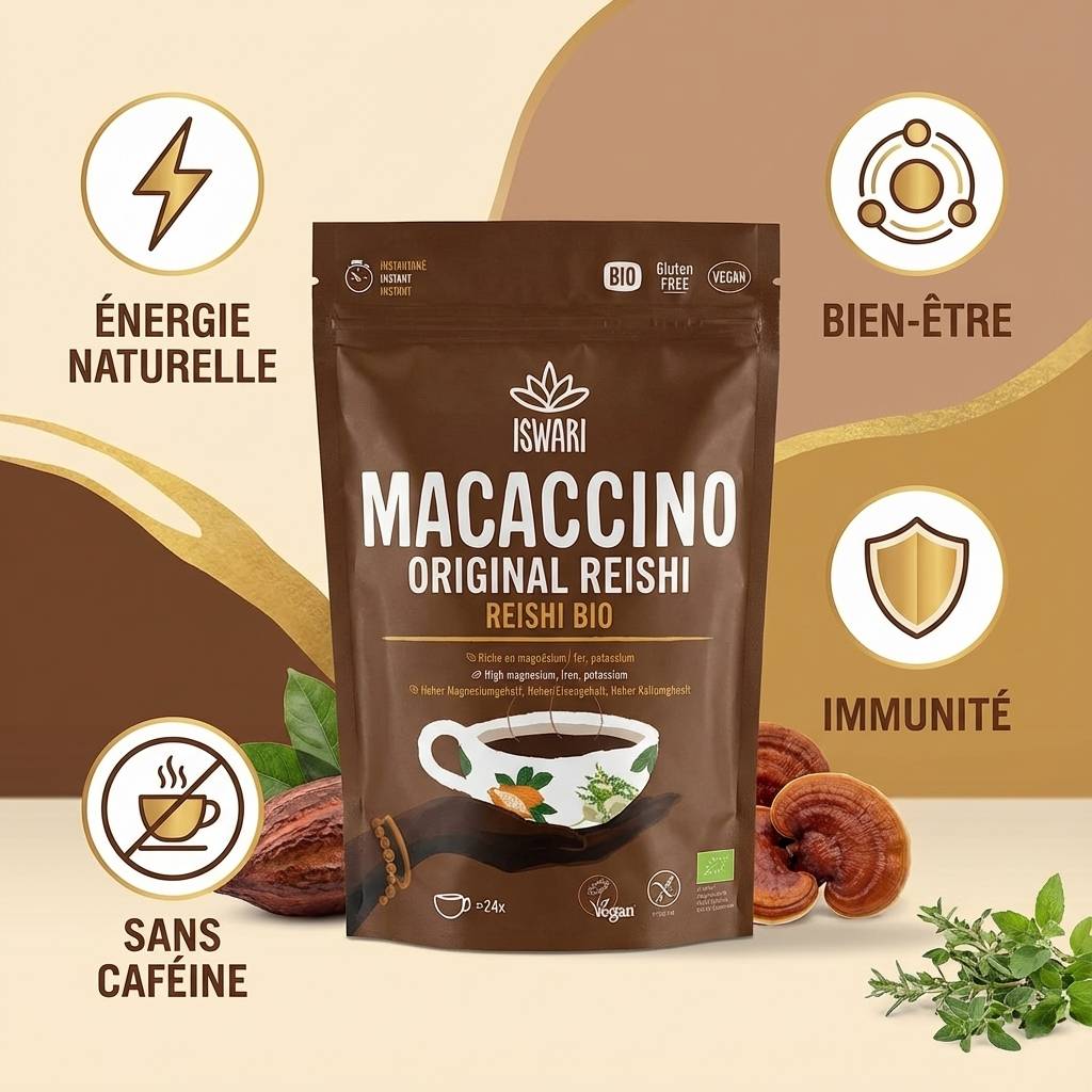 Macaccino Original Reishi Bio Iswari 250g avec bénéfices énergie naturelle et immunité