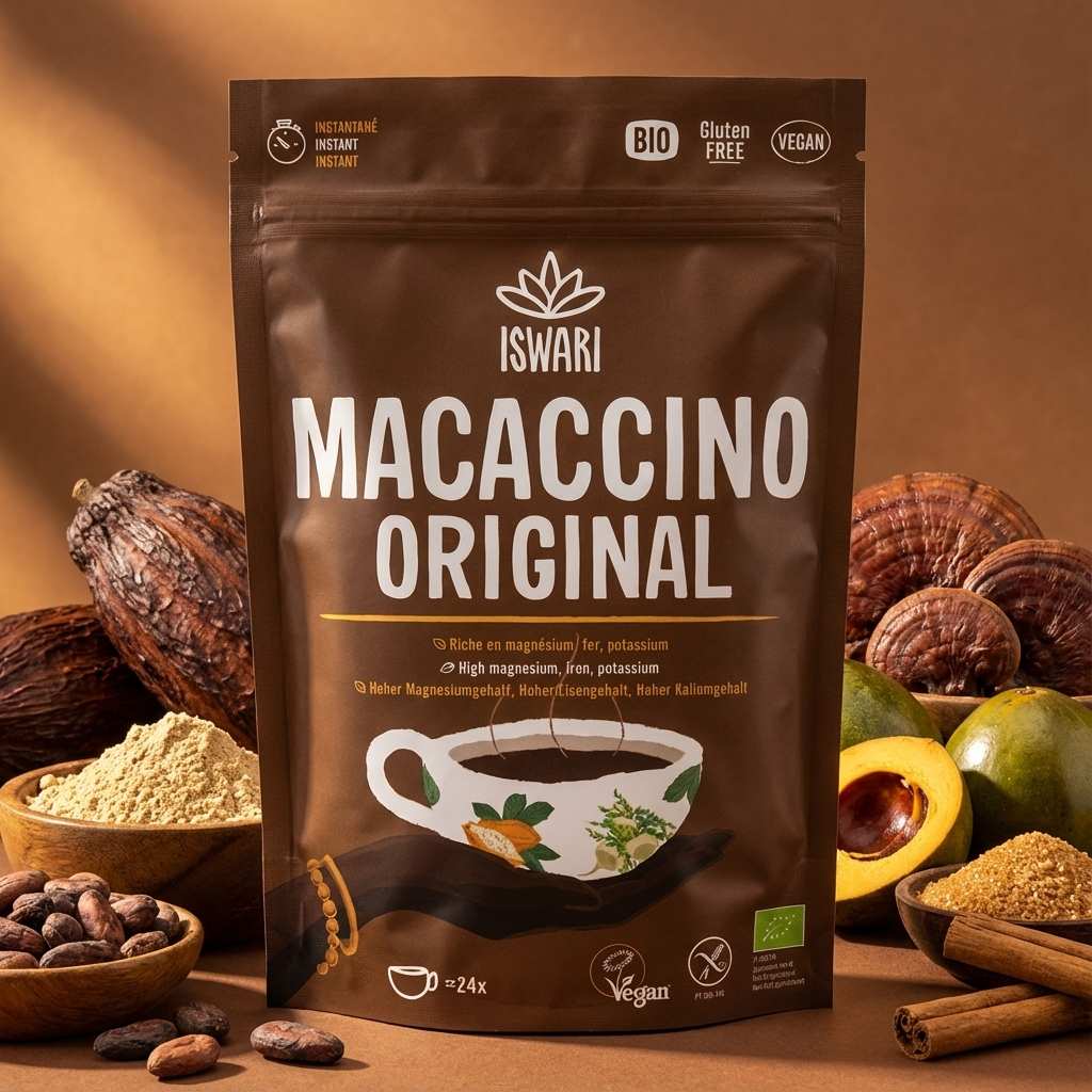 Macaccino original Iswari bio 250g avec ingrédients : cacao, maca, reishi et cannelle