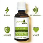 Macérat de Bourgeon de Cassis Bio 50ml avec icônes bénéfices : Énergie, Articulations, Immunité, Vitalité