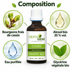 Flacon en verre ambré de macérat de bourgeon de cassis bio 50 ml Alphagem, avec infographie sur sa composition : bourgeons frais, alcool bio, eau purifiée, glycérine.