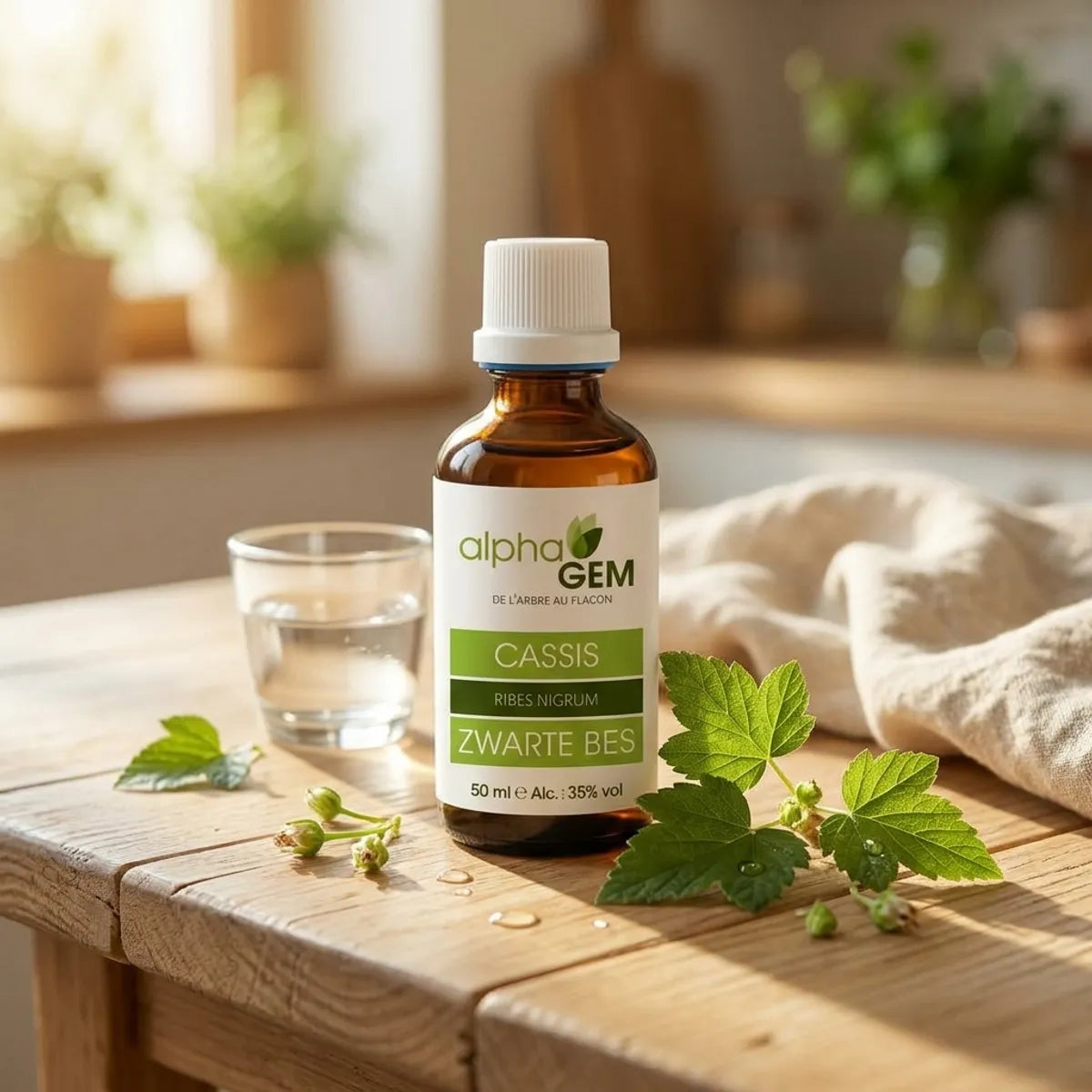 Flacon compte-gouttes ambré Alphagem de macérat de bourgeon de cassis bio 50 ml, posé sur une table en bois avec bourgeons frais