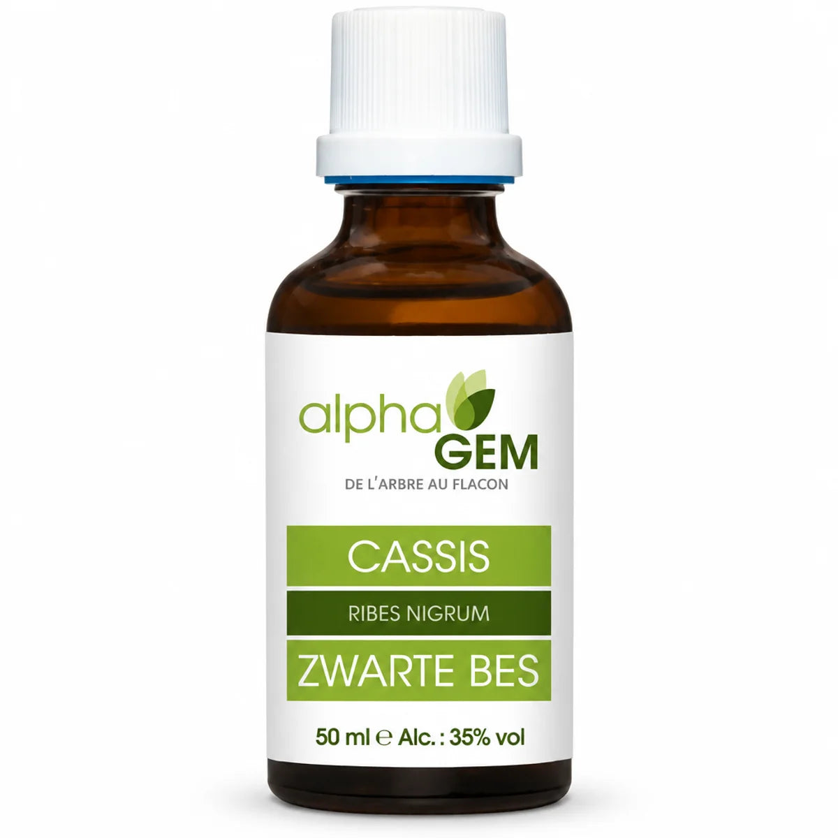 Macérat de bourgeon de cassis bio Alphagem 50 ml : flacon en verre ambré à bouchon blanc, étiquette verte, fond blanc