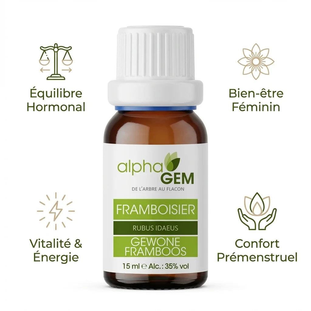 Macérat de bourgeon Framboisier Bio Alphagem 15ml avec bénéfices équilibre hormonal et bien-être féminin
