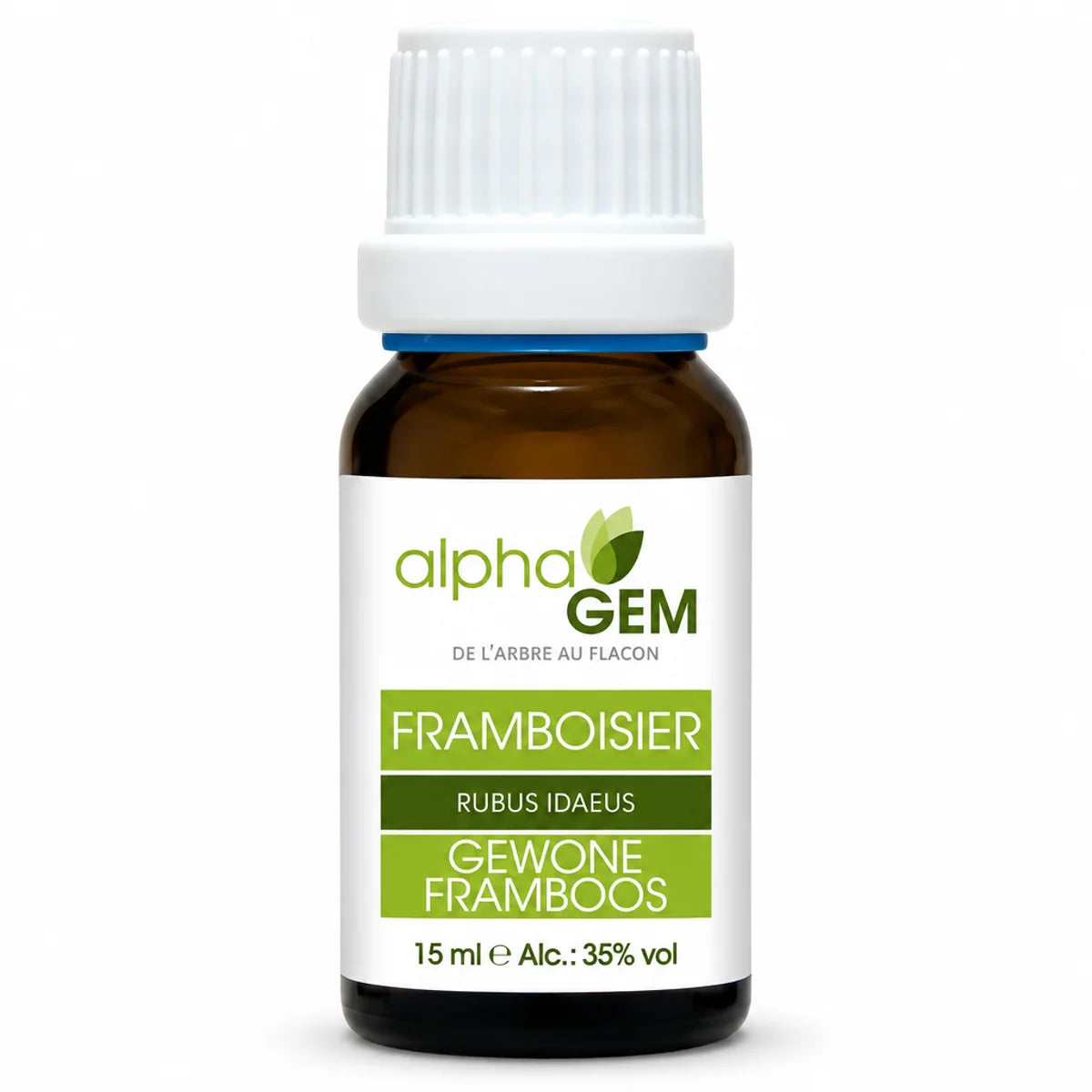 Flacon en verre ambré avec compte-gouttes et étiquette alphaGEM : macérat de bourgeon de framboisier bio 15 ml