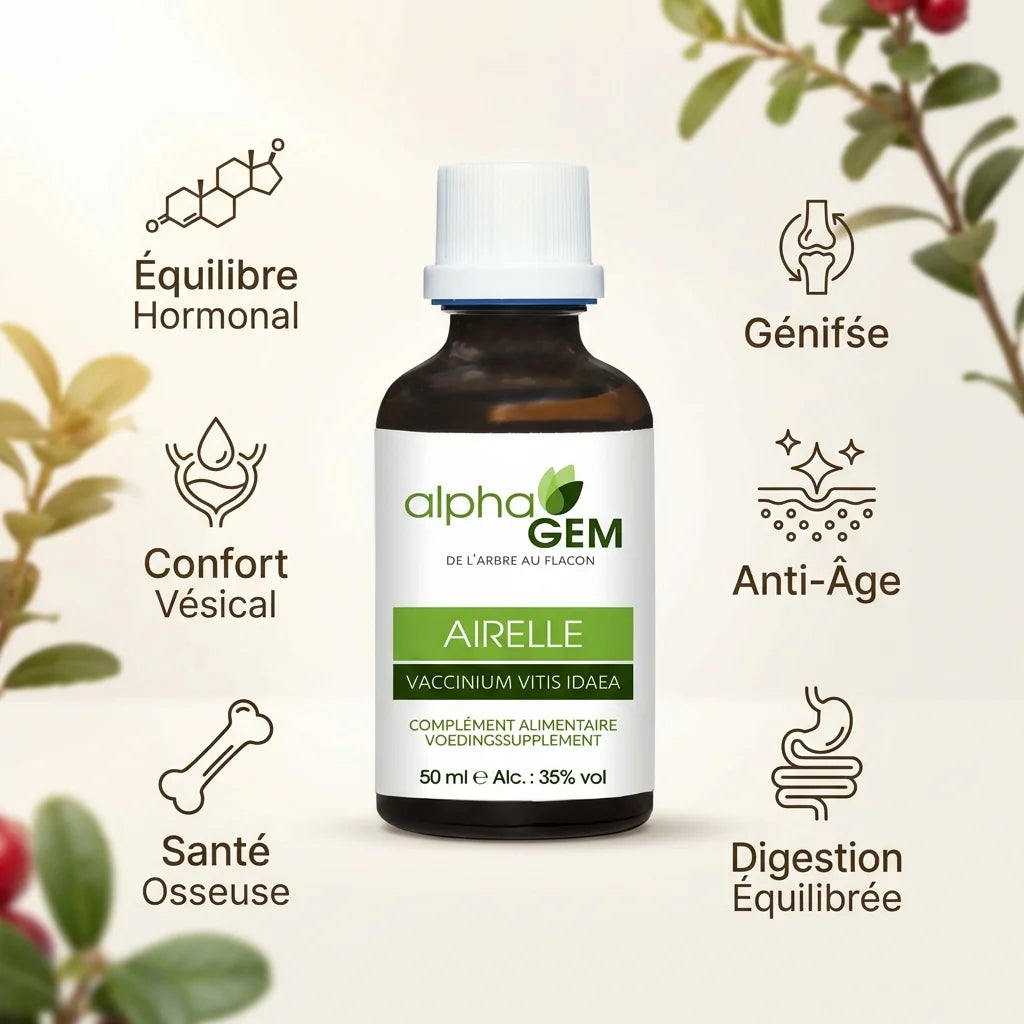 Macérat de bourgeons d'airelle bio 50ml Alphagem avec bénéfices santé hormonale digestive osseuse
