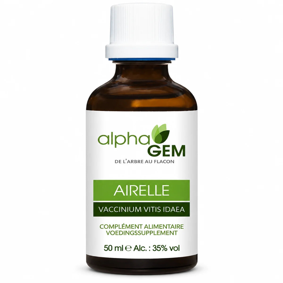 Flacon en verre ambré de 50 ml de macérat de bourgeons d'airelle bio Alphagem, fond blanc, étiquette Alphagem et mention complément alimentaire