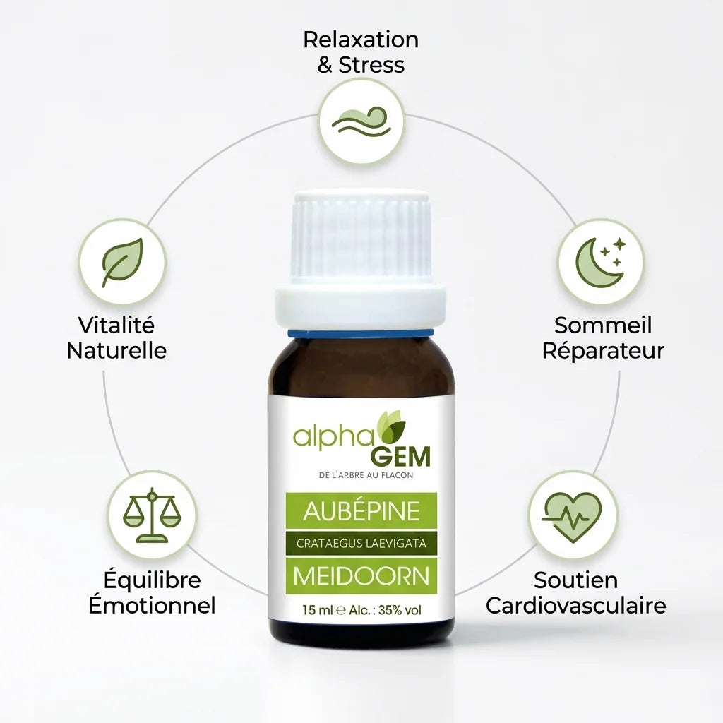 Macérat Aubépine Bio Alphagem 15ml avec icônes bénéfices relaxation, sommeil et soutien cardiovasculaire
