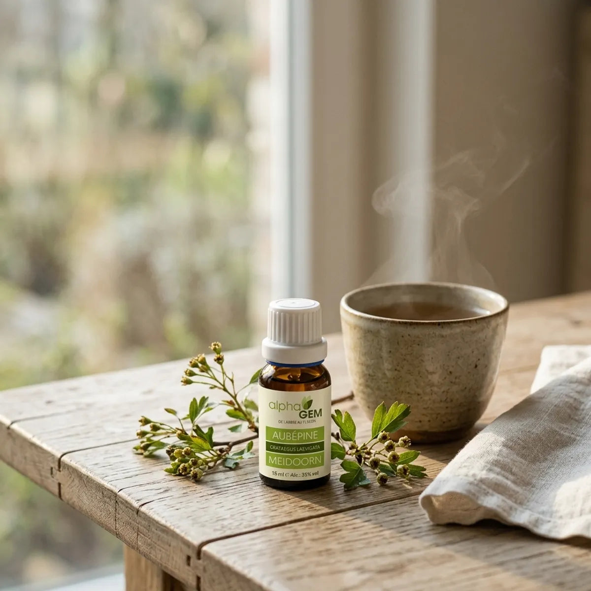 Flacon compte-gouttes ambré d'extrait de bourgeons d'Aubépine bio Alphagem, à côté de rameaux frais et d'une tisane