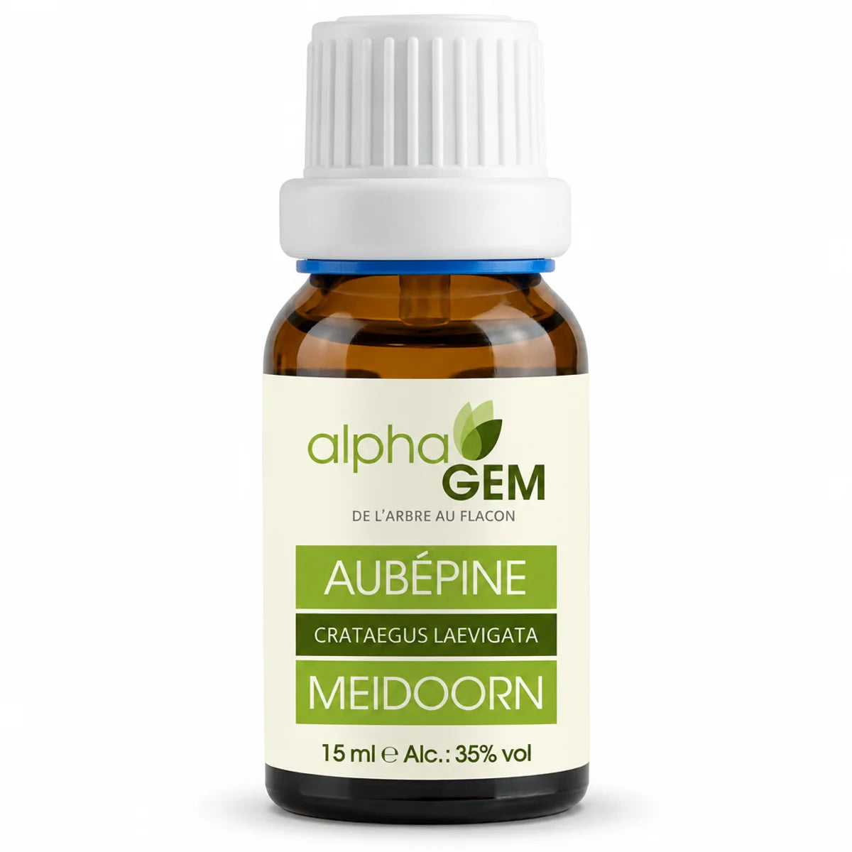 Flacon compte-gouttes ambré de 15 ml de macérat de bourgeons d'Aubépine bio (Crataegus laevigata) Alphagem, sur fond blanc