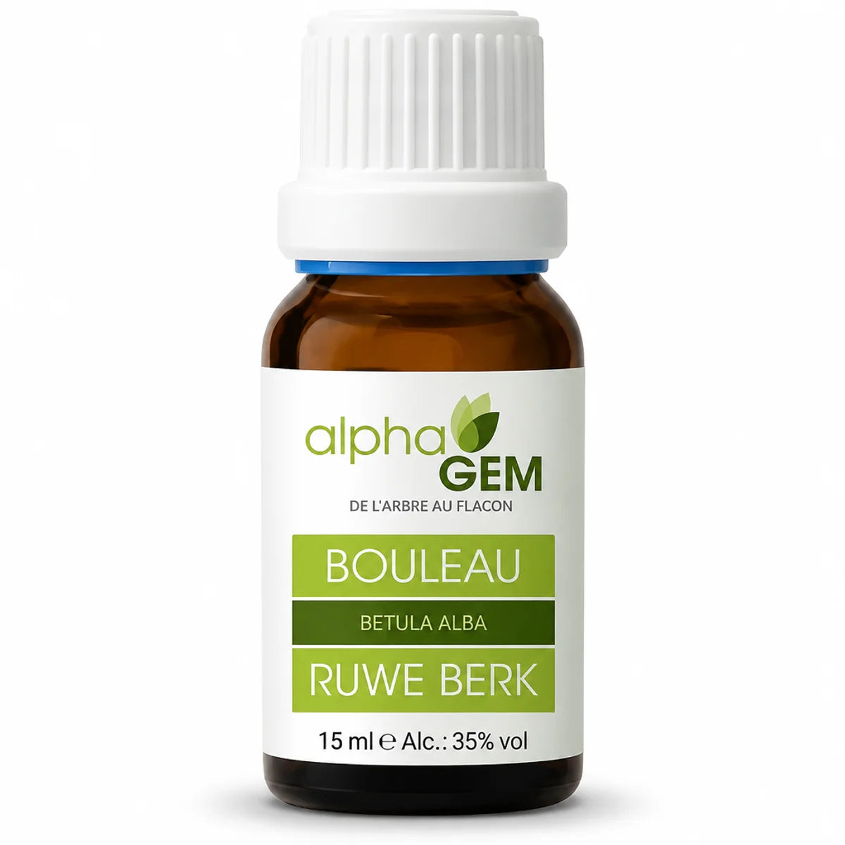 Flacon en verre ambré de macérât de bourgeons de bouleau bio Alphagem 15 ml, étiquette Betula alba, fond blanc