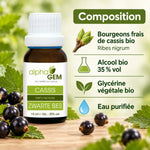 Flacon ambré de macérat de bourgeons de cassis bio Alphagem 15 ml, à côté d'une infographie sur la composition : bourgeons de cassis, glycérine et alcool bio.