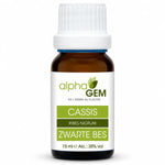 Flacon en verre ambré de macérat de bourgeons de cassis bio Alphagem 15 ml, avec pipette et étiquette verte sur fond blanc.