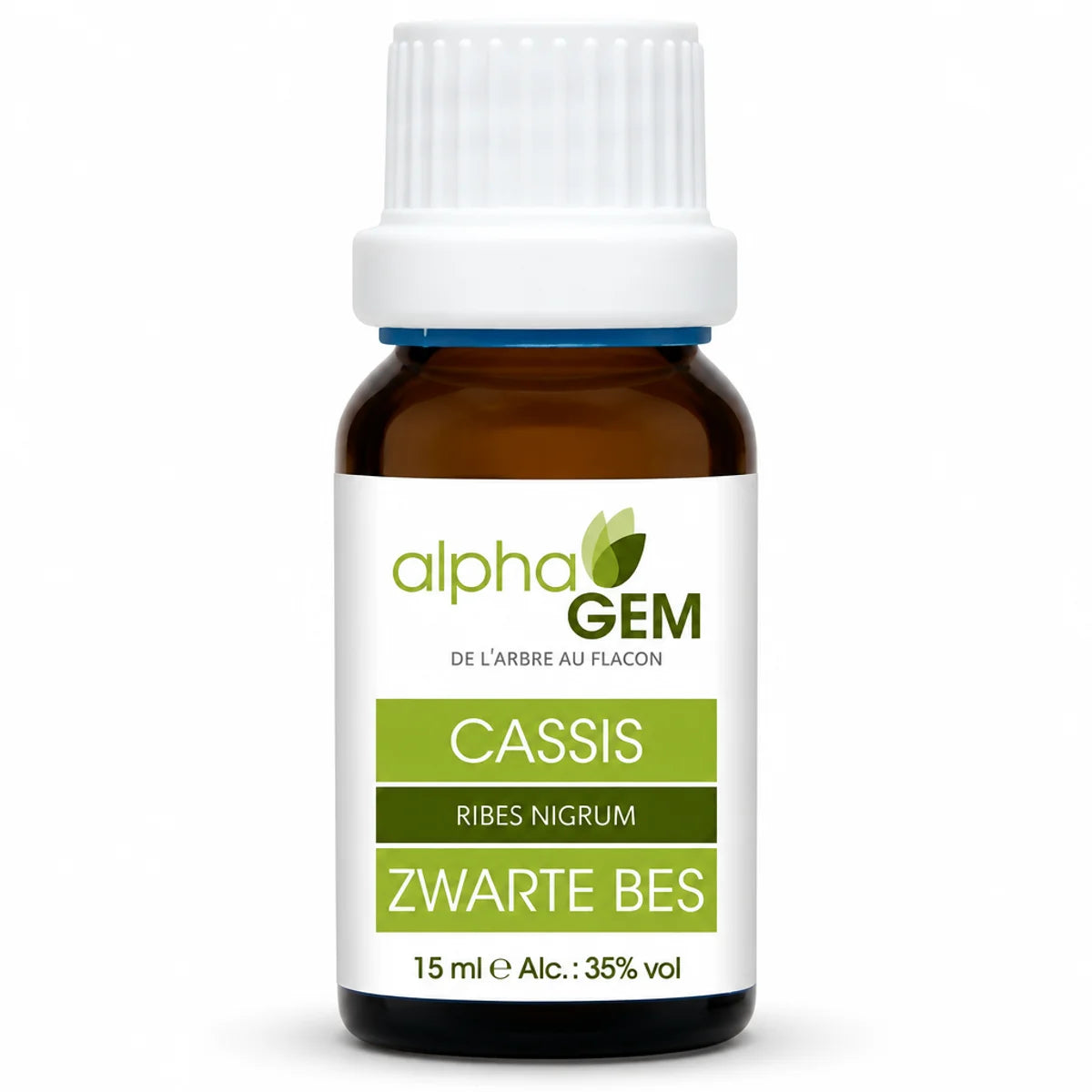 Flacon en verre ambré de macérat de bourgeons de cassis bio Alphagem 15 ml, avec pipette et étiquette verte sur fond blanc.