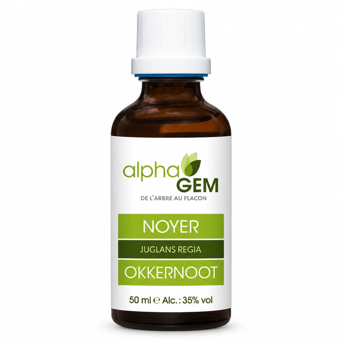 Flacon de macérat de bourgeons de Noyer bio AlphaGem 50 ml, en verre ambré avec compte-gouttes blanc, sur fond blanc
