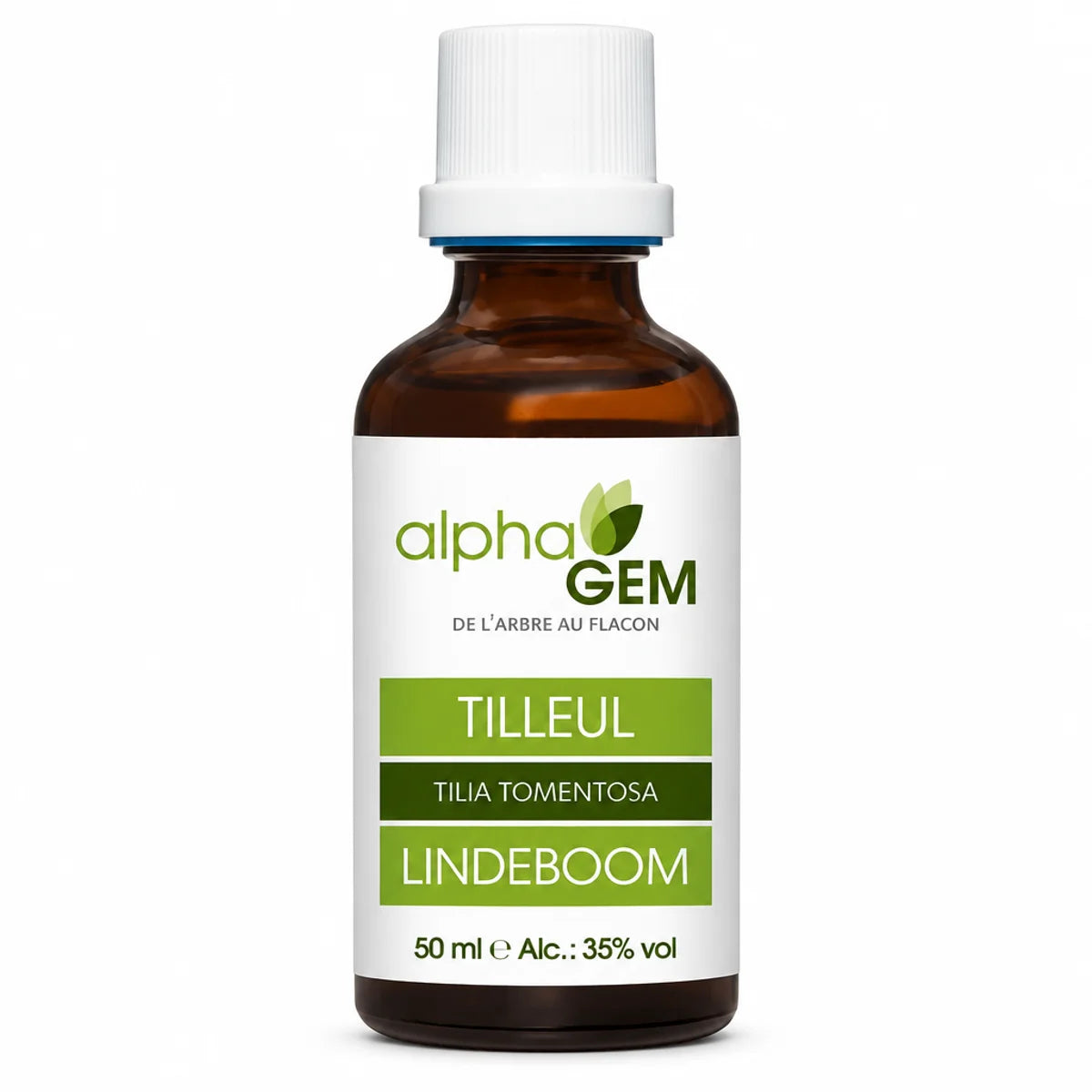 Flacon en verre brun de 50 ml du macérat de bourgeons de tilleul bio Alphagem, avec étiquette verte et pipette blanche sur fond blanc