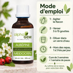 Flacon de macérat de bourgeons frais d'Aubépine bio Alphagem 50 ml avec mode d'emploi