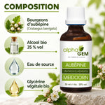 Flacon en verre ambré de macérat de bourgeons frais d'aubépine bio Alphagem 50 ml, avec sa liste de composition : aubépine, alcool bio, eau et glycérine.