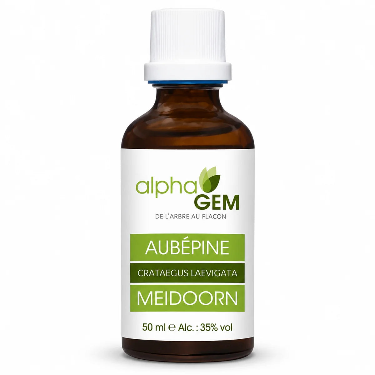 Flacon en verre ambré de macérat de bourgeons frais d'Aubépine bio 50 ml, Alphagem, fond blanc.