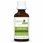 Flacon en verre ambré de macérat de bourgeons frais d'Aubépine bio 50 ml, Alphagem, fond blanc.