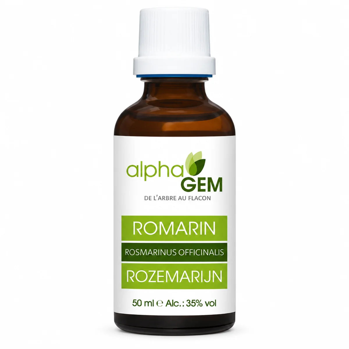 Flacon compte-gouttes ambré de macérat de romarin alphaGEM 50 ml, étiquette blanche, fond blanc