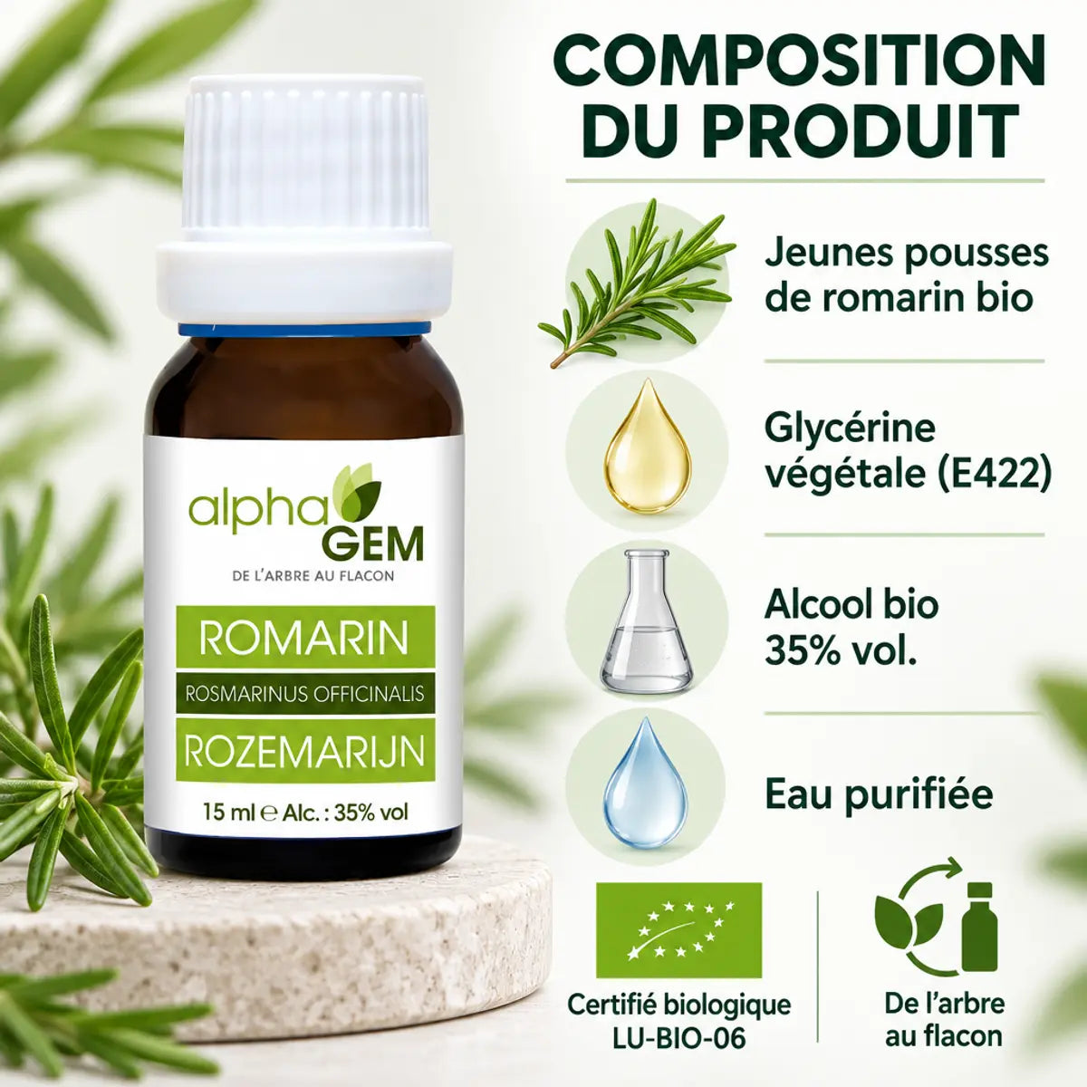 Flacon Alphagem macérat de romarin bio 15 ml et infographie de sa composition : jeunes pousses, glycérine, alcool bio, eau