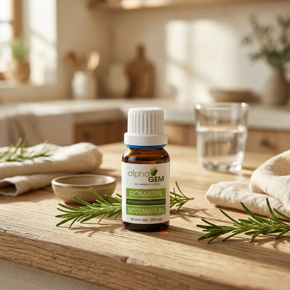 Flacon compte-gouttes en verre ambré de macérat de romarin bio Alphagem 15 ml, posé sur un plan de travail en bois avec branches de romarin frais