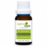 Flacon en verre ambré de macérat de romarin bio Alphagem 15 ml, bouchon blanc et étiquette verte, sur fond blanc