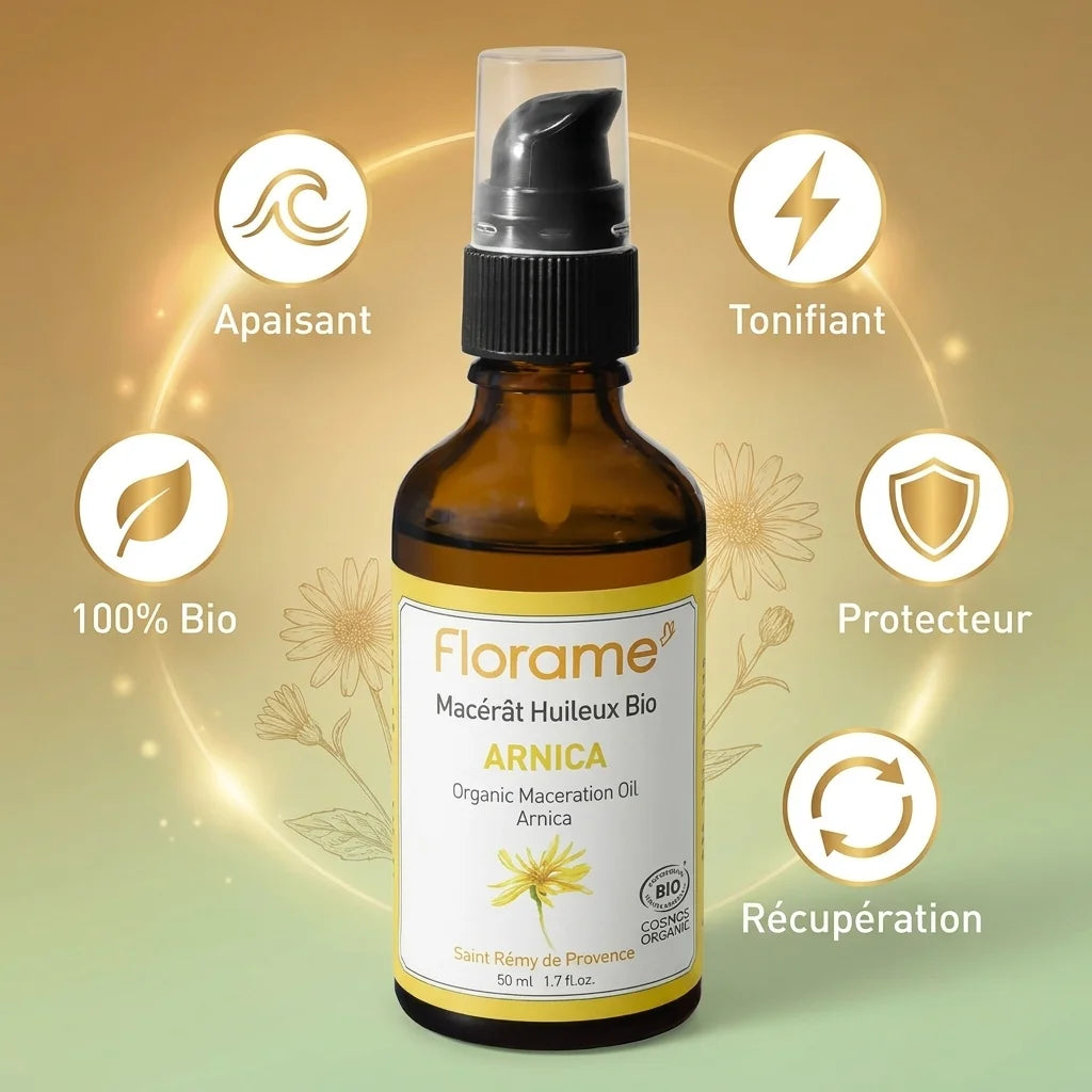 Macérât Huileux d'Arnica Bio 50ml Florame - Bouteille avec bénéfices apaisant, tonifiant et récupération