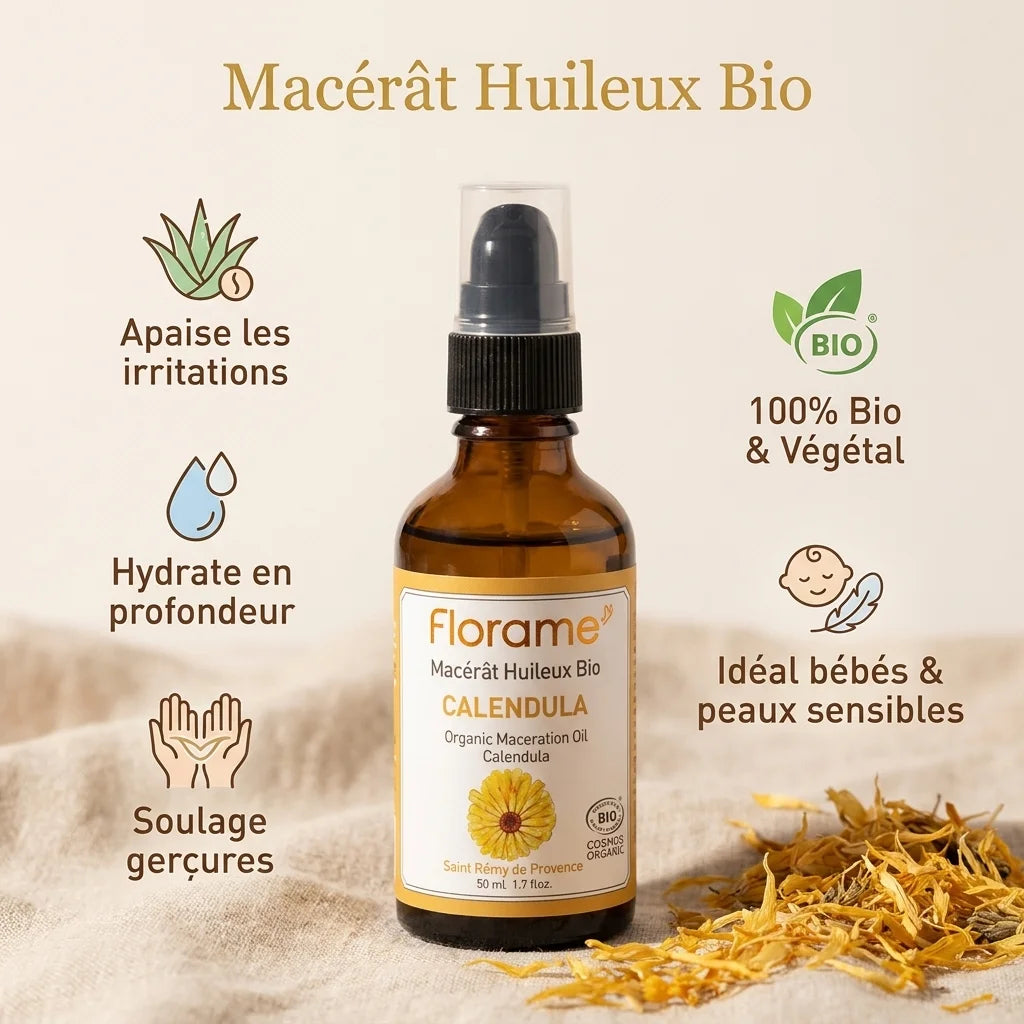 Macérât huileux Calendula Bio Florame 50ml avec infographie bénéfices peaux sensibles