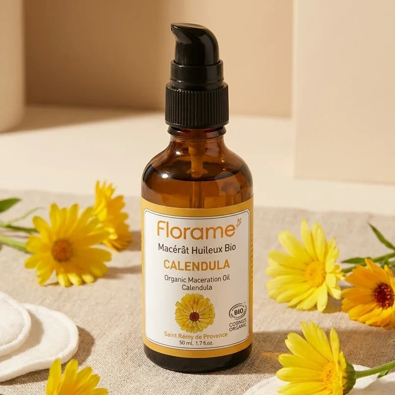 Macérât huileux Calendula Bio Florame 50ml en flacon verre ambré avec fleurs de calendula