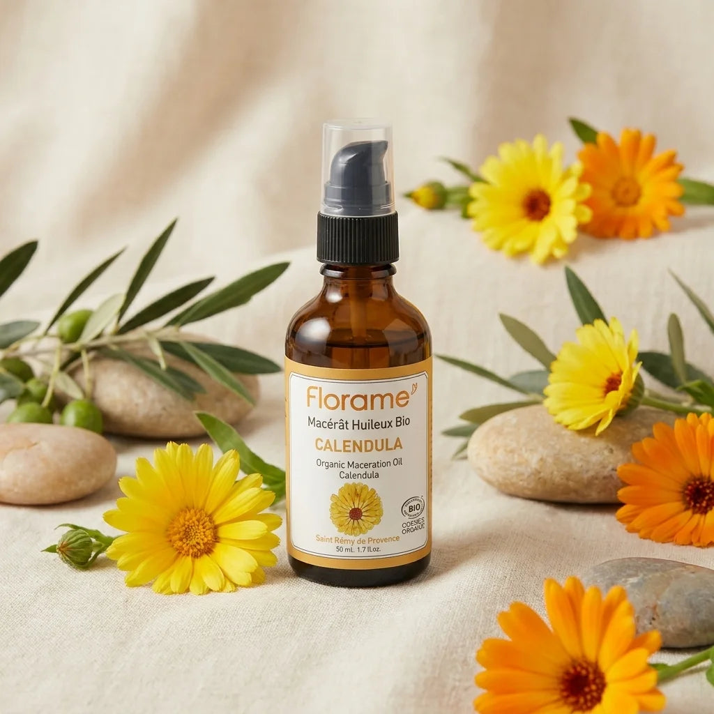 Macérât huileux de calendula bio Florame 50ml avec fleurs et éléments naturels