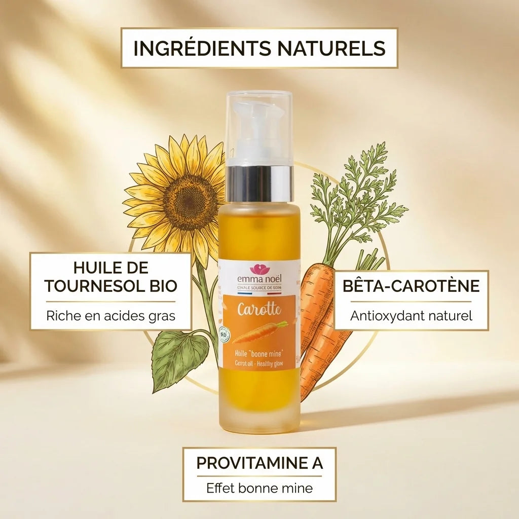 Macérat huileux de carotte bio Emma Noël 50ml avec ingrédients naturels et provitamine A sur fond beige