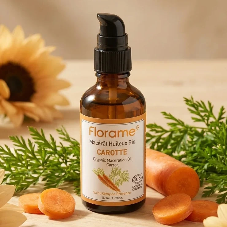 Macérât huileux de carotte Florame 50ml avec carottes fraîches et fleurs de tournesol