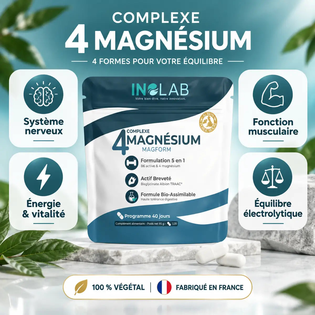 Complément Magform Inolab 4 Magnésium haute assimilation, 120 gélules, sachet teal avec capsules et icônes bienfaits