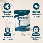 Magform Inolab magnésium - Packaging et 4 étapes d'utilisation : 2 gélules par jour avec eau le matin pendant 40 jours