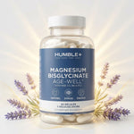 Magnésium Bisglycinate Humble+ 90 gélules en flacon avec capsules blanches sur fond blanc