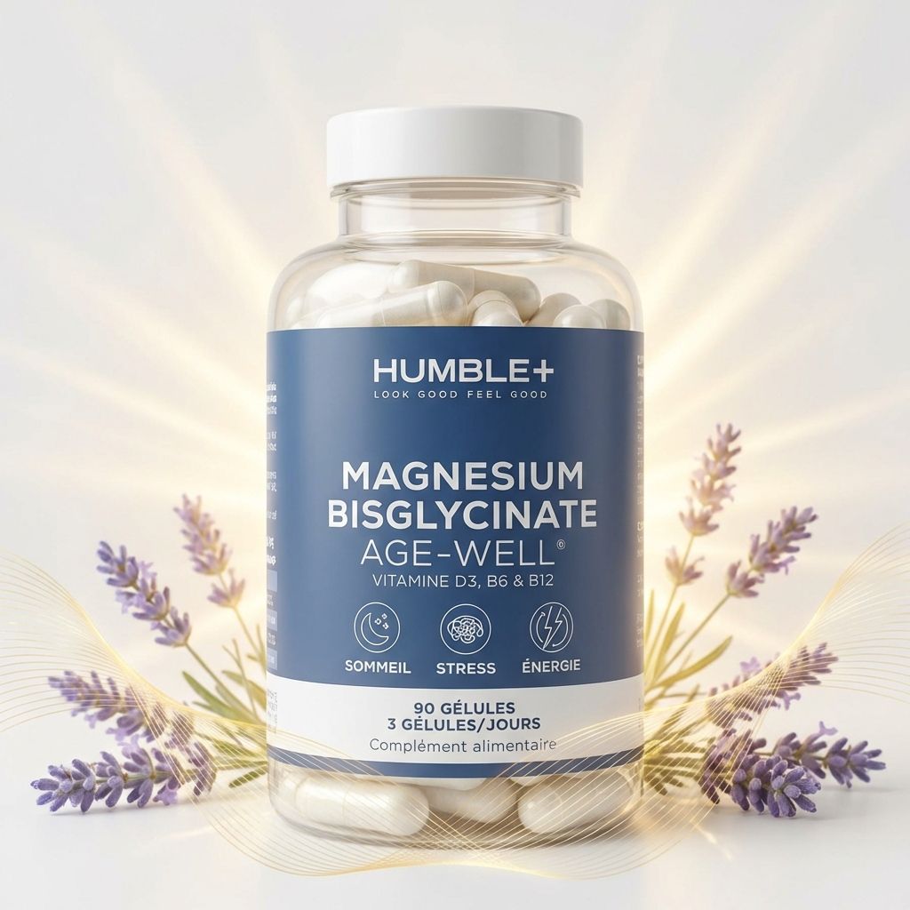 Magnésium Bisglycinate Humble+ 90 gélules en flacon avec capsules blanches sur fond blanc