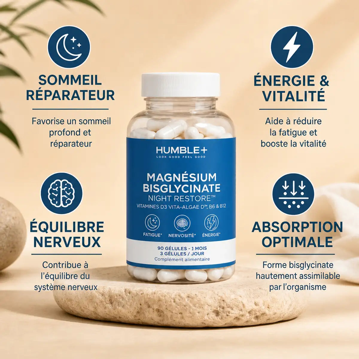 Magnésium Bisglycinate Humble+ 90 gélules avec bénéfices : sommeil, énergie, nerveux, absorption