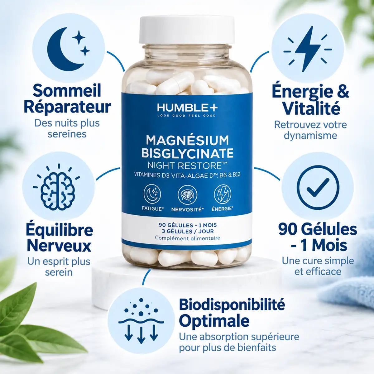 Magnésium Bisglycinate Humble+ 90 gélules avec bénéfices : sommeil, énergie, équilibre nerveux