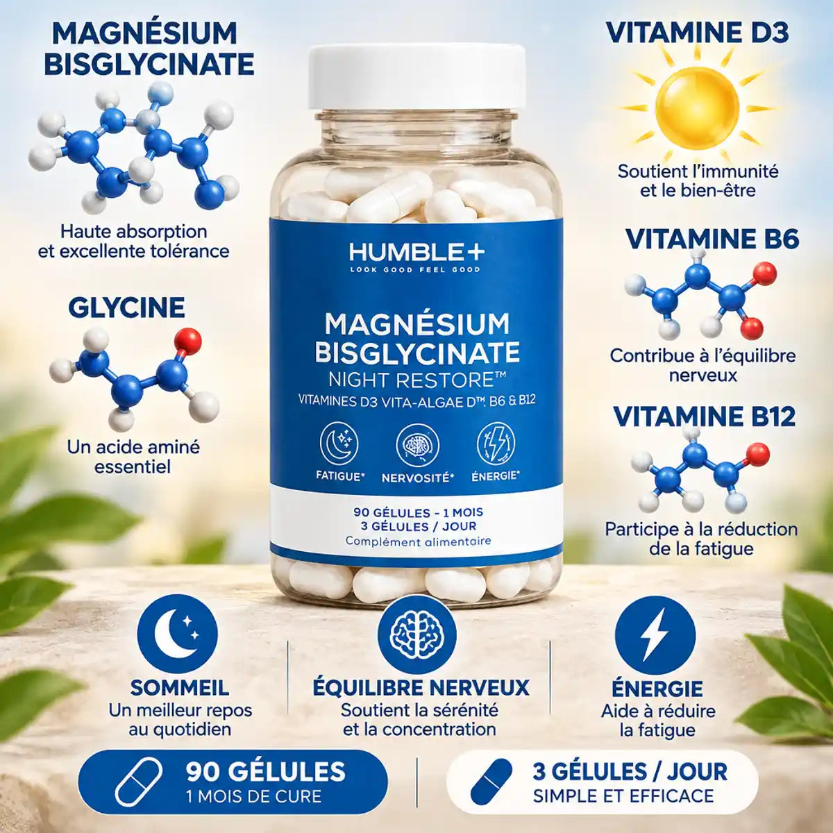 Magnésium Bisglycinate 90 gélules Humble+ avec vitamines D3, B6, B12 pour sommeil et énergie