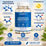 Magnésium Bisglycinate 90 gélules Humble+ avec vitamines D3, B6, B12 pour sommeil et énergie