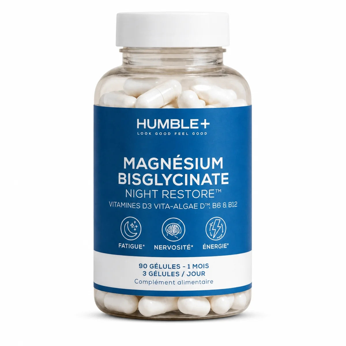 Flacon de Magnésium Bisglycinate 90 gélules Humble+ sur fond blanc