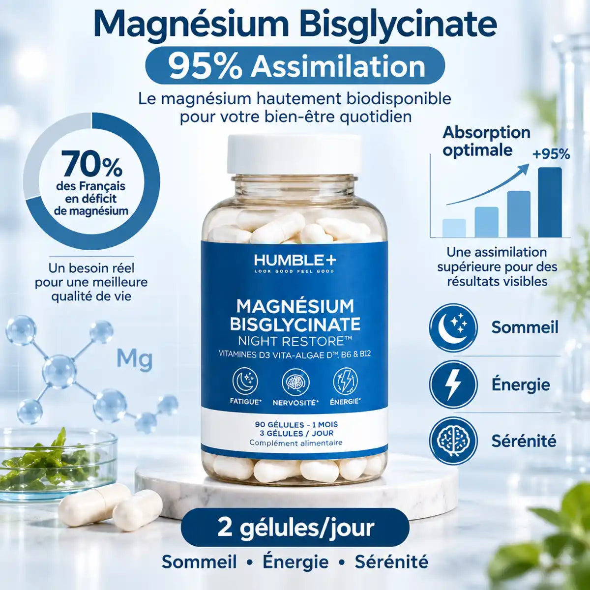 Magnésium Bisglycinate 90 gélules Humble+ pour sommeil, énergie et sérénité - absorption optimale