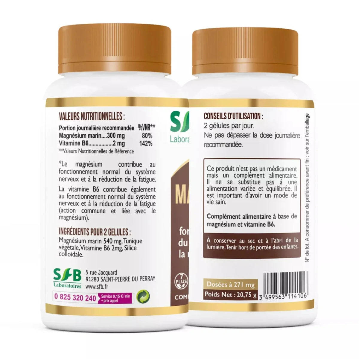 Valeur nutritionelles de la Bouteille SFB Magnésium marin + B6 60 gélules sur fond blanc, complément alimentaire