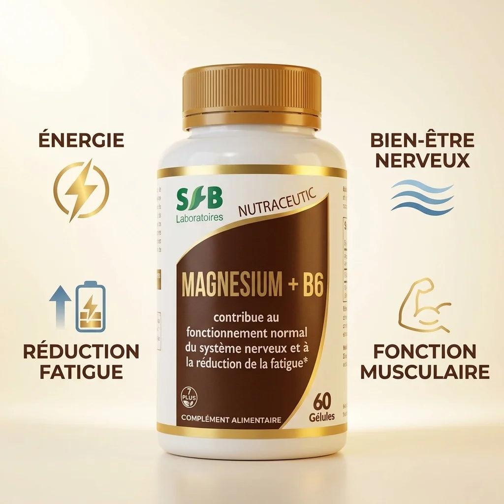 Supplément Magnésium marin + B6 SFB 60 gélules avec infographies bénéfices bien-être