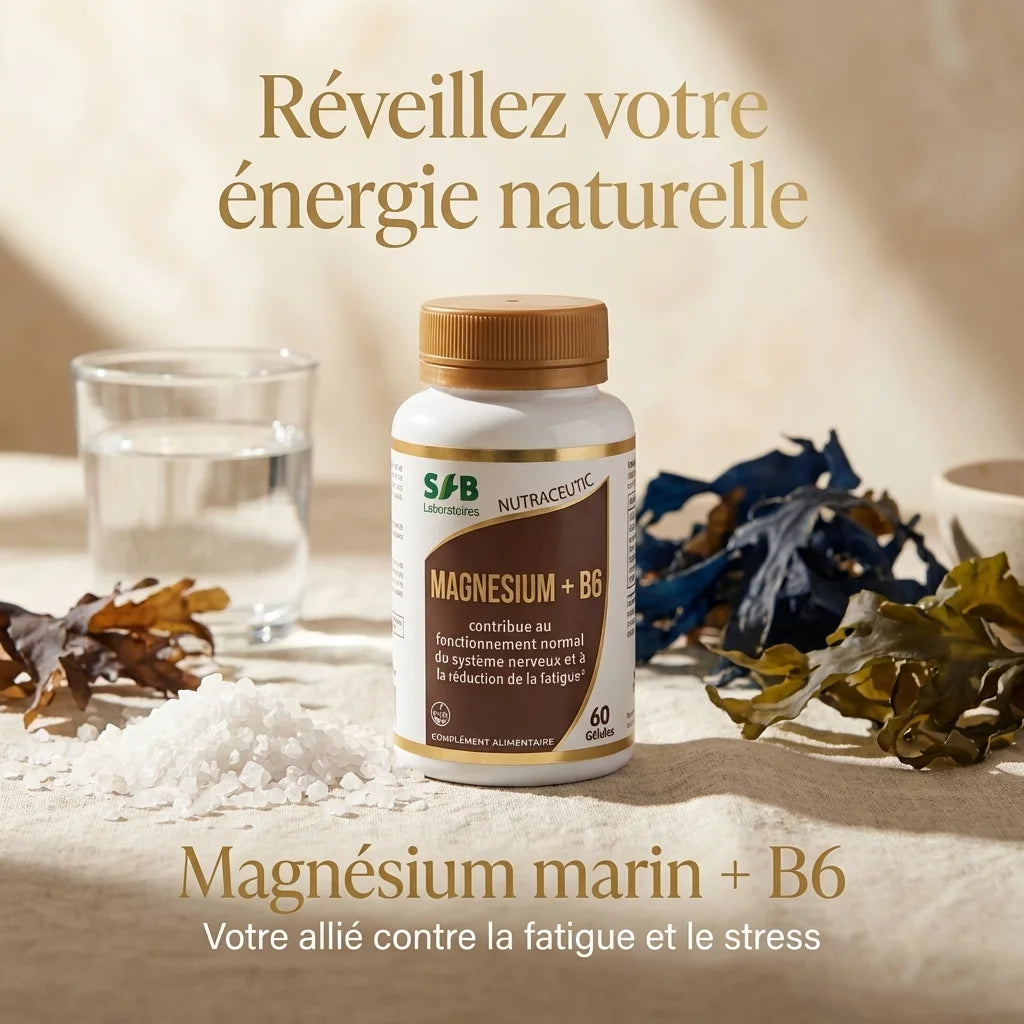 Magnésium marin B6 60 gélules SFB en packaging sur fond wellness avec cristaux de sel et eau