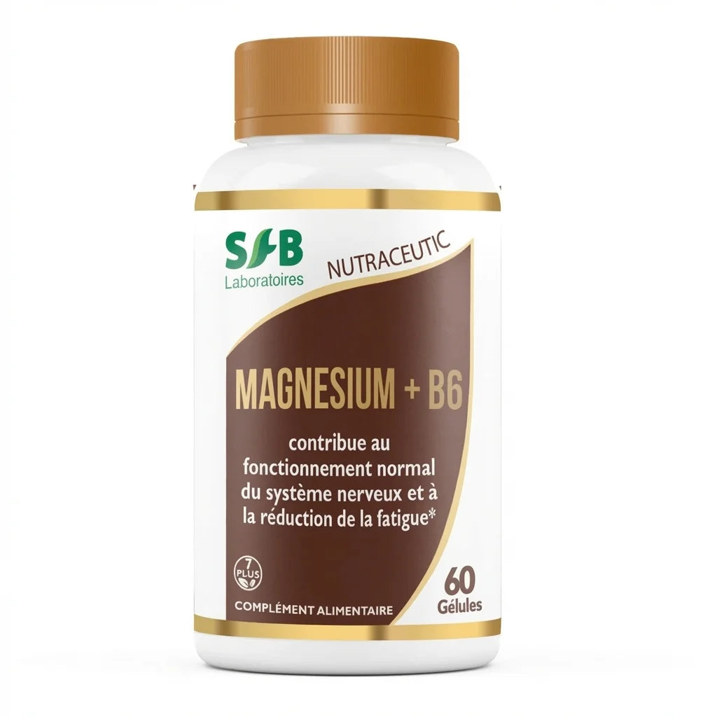 Bouteille SFB Magnésium marin + B6 60 gélules sur fond blanc, complément alimentaire