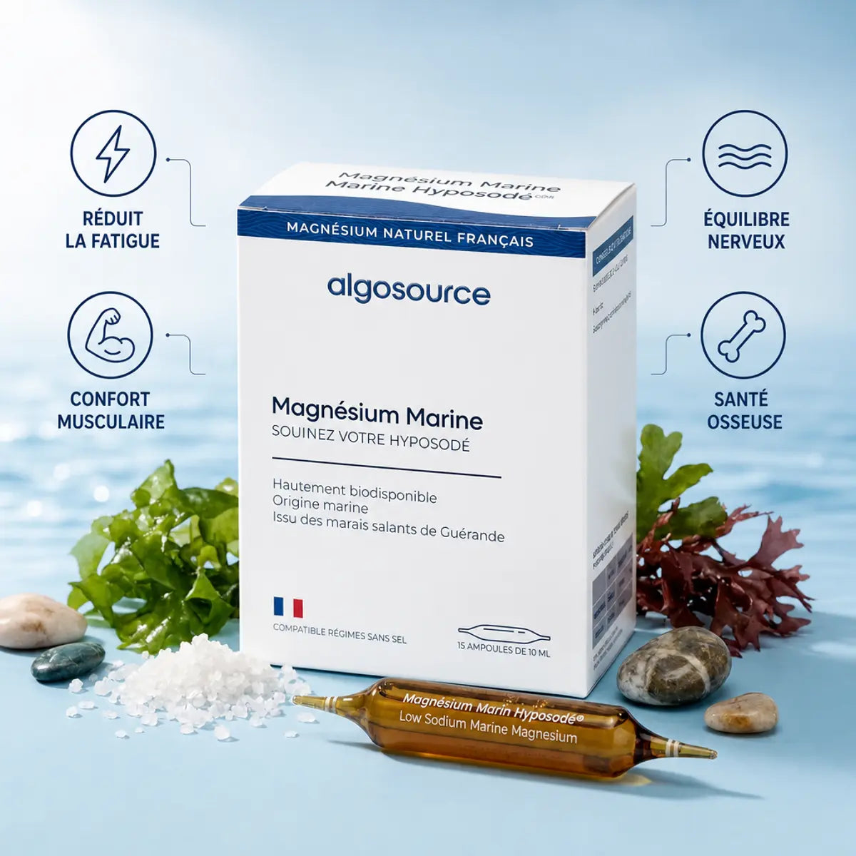 Magnésium Marin Hyposodé AlgoSource 15 ampoules avec bénéfices : fatigue, muscles, nerfs, os
